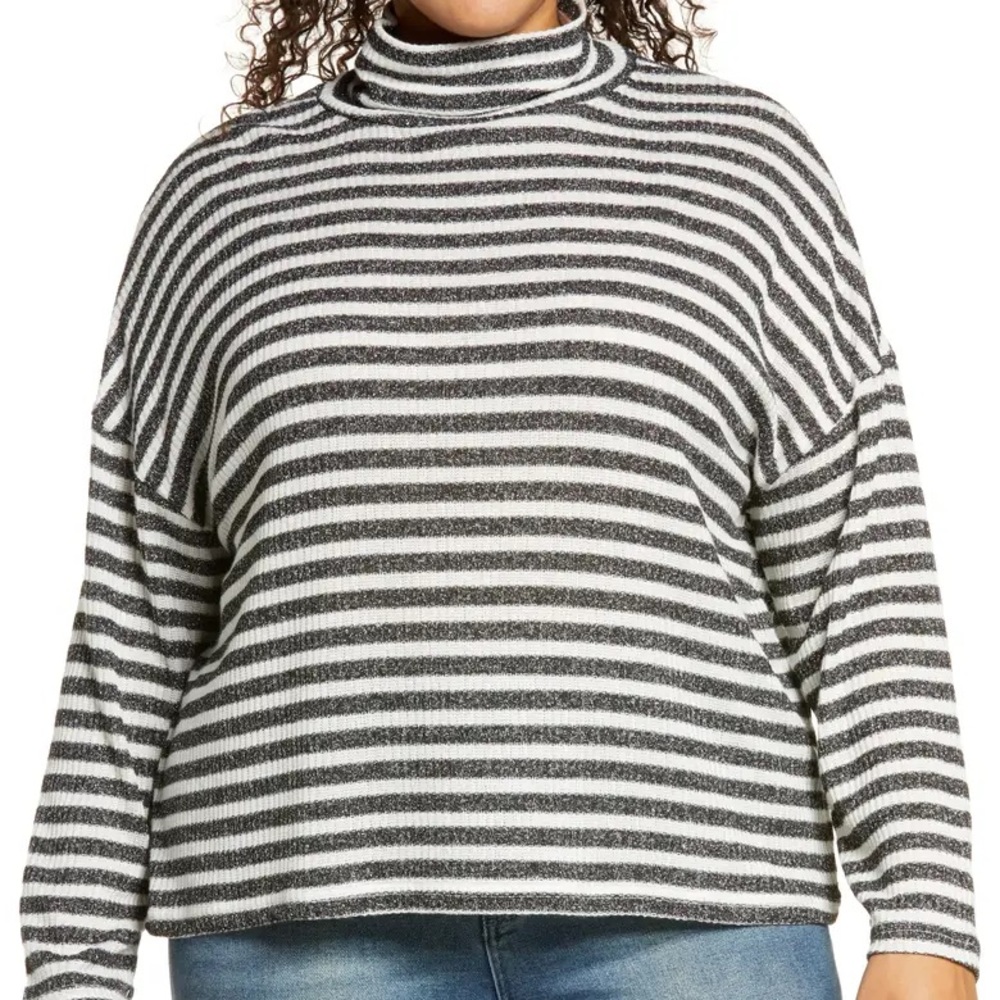 Striped cowl-neck sweater. Fits true to size.